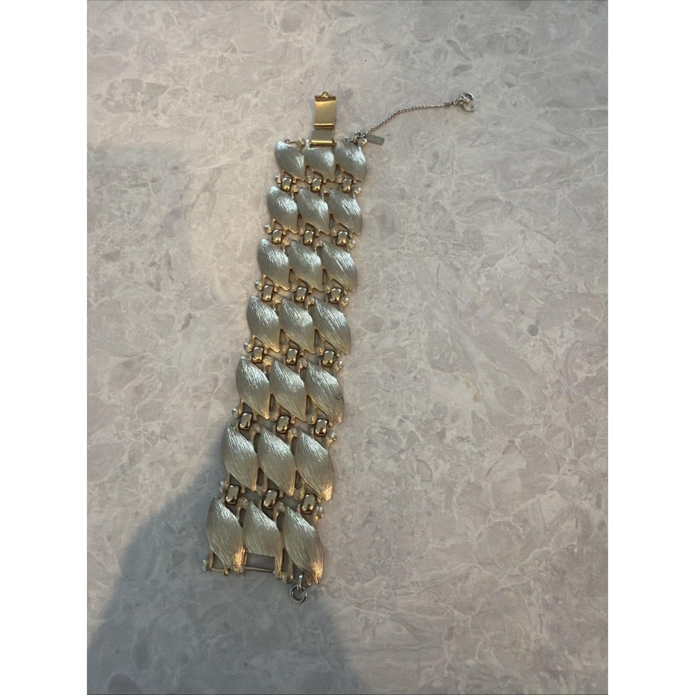 Monet Vintage Gold Tone Textured Link Bracelet with Safety Chain Signed 7in